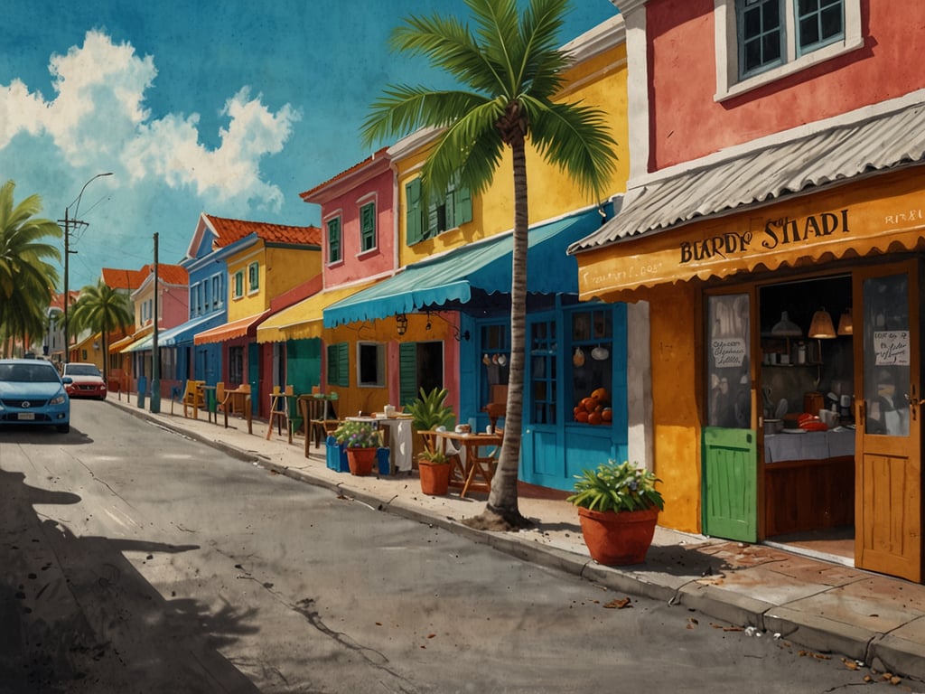 Auf dem Bild ist eine farbenfrohe Straße mit pastellfarbenen Häusern zu sehen, die typisch für Willemstad, Curacao, sind. Diese bunten Fassaden spiegeln die lebendige Kultur der Stadt wider. 

In Willemstad gibt es viele kulinarische Erlebnisse zu entdecken. Zum Beispiel die Möglichkeit, lokale Gerichte wie 