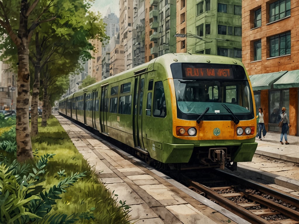 Auf dem Bild ist eine grüne Straßenbahn zu sehen, die in einer urbanen Umgebung verkehrt, umgeben von Bäumen und modernen Gebäuden. 

Curitiba, eine Stadt in Brasilien, spielt eine wichtige Rolle im globalen Kontext der Nachhaltigkeit. Sie ist bekannt für ihr innovatives öffentliches Verkehrssystem, das effiziente und umweltfreundliche Transportlösungen bietet, wie das sogenannte 