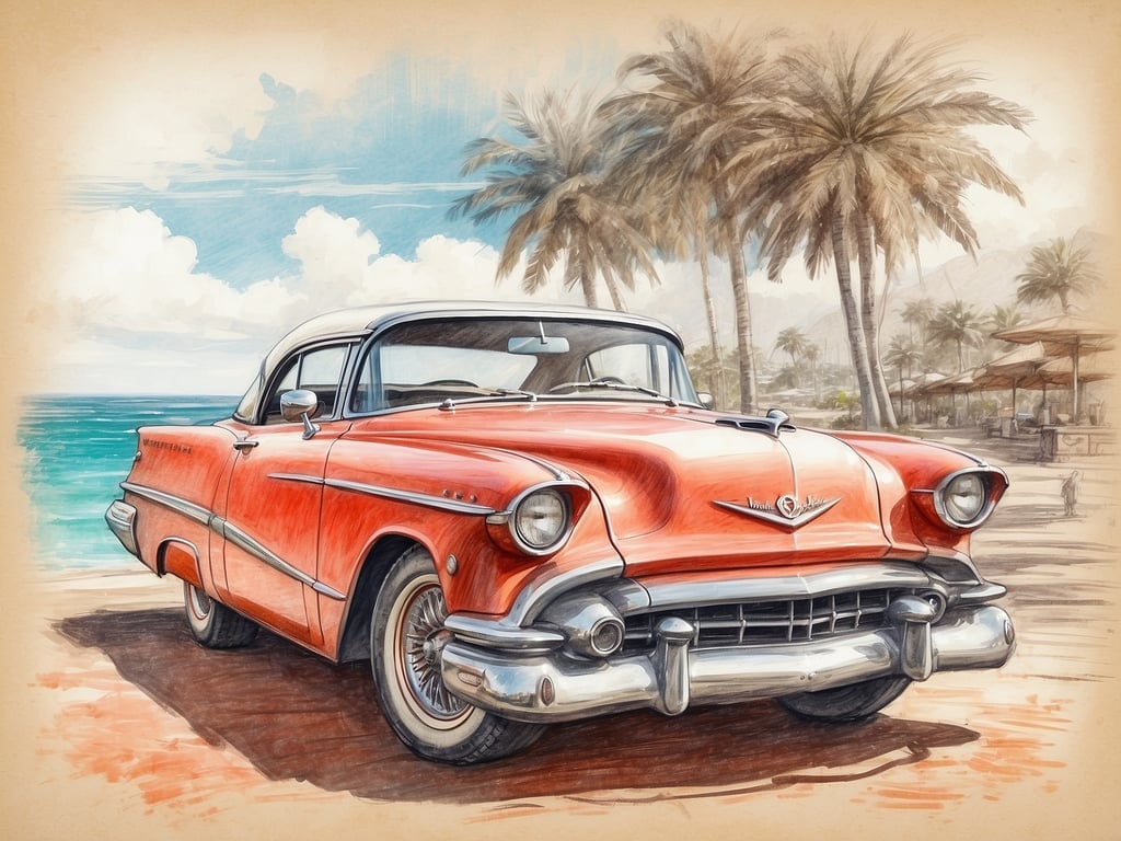 Auf dem Bild ist ein klassisches rotes Auto vor einer Strandlandschaft mit Palmen und Meer zu sehen. 

Hier sind einige praktische Tipps für einen gelungenen Urlaub:

1. **Reiseplanung**: Informiere dich im Voraus über dein Reiseziel, die besten Zeiten für einen Besuch und lokale Attraktionen.

2. **Budget festlegen**: Setze dir ein realistisches Budget, das Unterkunft, Verpflegung, Transport und Aktivitäten umfasst.

3. **Unterkunft buchen**: Wähle eine bequeme Lage, idealerweise in der Nähe zu Sehenswürdigkeiten oder dem Strandausblick.

4. **Packliste erstellen**: Denke an wettergerechte Kleidung, nützliche Accessoires und persönliche Gegenstände wie Sonnencreme und Medikamente.

5. **Öffentliche Verkehrsmittel nutzen**: Informiere dich über lokale Transportmöglichkeiten, um Kosten zu sparen und die Umgebung besser kennenzulernen.

6. **Lokale Küche ausprobieren**: Probier die einheimische Gastronomie aus, um die Kultur besser zu erleben.

7. **Flexibel bleiben**: Plane Zeit für Spontanität ein, um unerwartete Entdeckungen zu machen. 

Mit diesen Tipps kannst du deine Reise optimal gestalten!