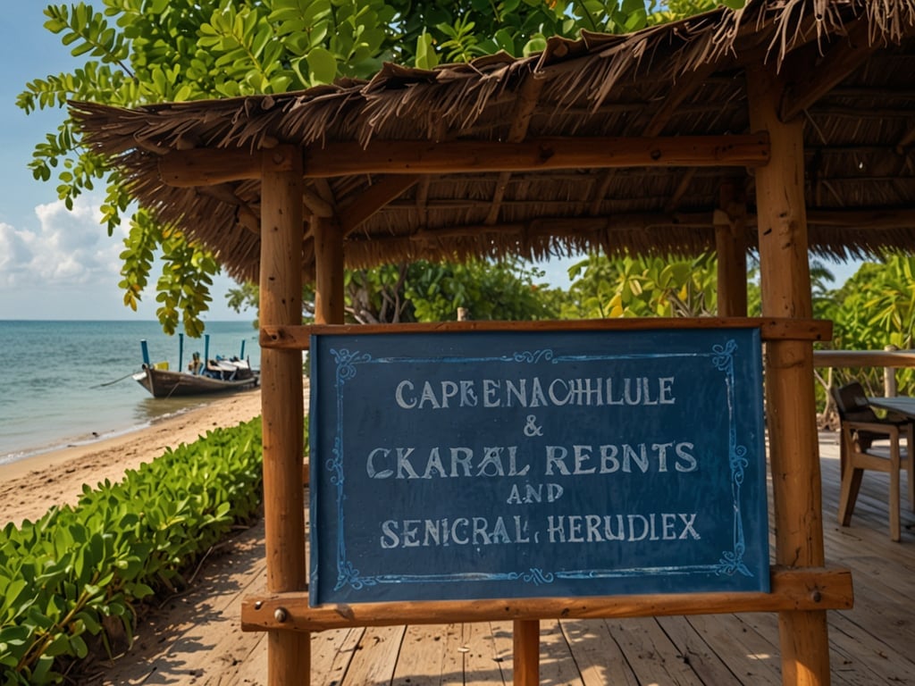Auf dem Bild ist ein Strandbereich mit einem Holzschild zu sehen, das die Namen 