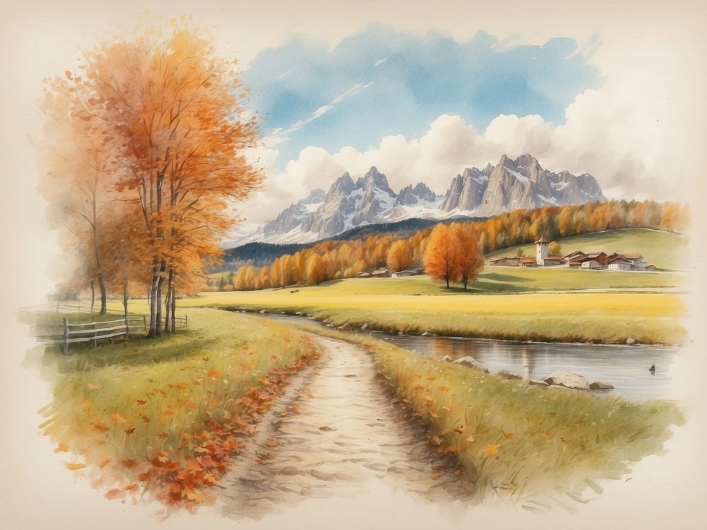 Auf dem Bild ist eine malerische Landschaft im Herbst zu sehen. Die Bäume haben eine orangefarbene Blattfärbung, und in der Ferne sind Berge mit schneebedeckten Gipfeln sichtbar. Ein Weg führt durch die Landschaft, und neben dem Weg fließt ein ruhiger Bach. Es gibt auch einige kleine Gebäude im Tal.

Dann sind die Herbstferien für die Schulen in Bayern 2024 vom 28. Oktober bis 3. November.
