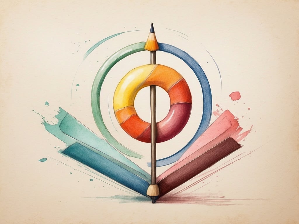 Auf dem Bild ist eine künstlerische Illustration zu sehen, die einen Buntstift zeigt, der durch einen Rettungsring gehalten wird. Umgeben von verschiedenen Farbstrichen, vermittelt das Bild eine kreative und harmonische Stimmung. 

In Bezug auf das Konzept von 