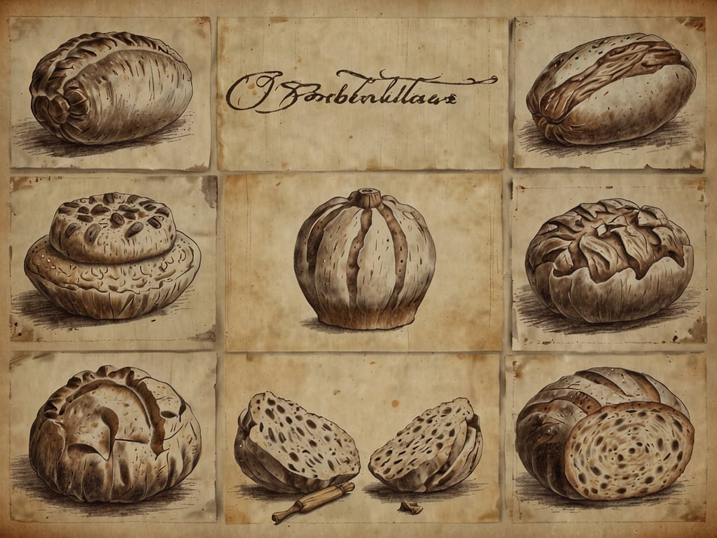 Auf dem Bild sind verschiedene Brotsorten abgebildet, die in einem stilisierten, alten Illustrationsstil dargestellt sind. Die Zeichnungen zeigen unterschiedliche Formen und Texturen von Brot, darunter runde und ovale Laibe sowie einige gefüllte Brötchen. Diese Vielfalt könnte ein Hinweis auf die Zukunft des Brotes in Frankreich sein, wo Handwerkskunst und Innovation in der Bäckerei weiterhin geschätzt werden. Die französische Brotkultur entwickelt sich ständig weiter, wobei traditionelle Techniken mit modernen Zutaten und Geschmäckern kombiniert werden.