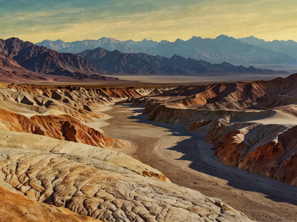 Das Bild zeigt eine faszinierende Landschaft mit sanften Hügeln und markanten Felsformationen, die typisch für den Death Valley Nationalpark sind. Der Nationalpark, der sich in Kalifornien und Nevada erstreckt, ist bekannt für seine extremen Temperaturen und vielfältigen geologischen Merkmale. 

Die polygonalen Muster und die Farben im Gestein, die von Brauntönen bis hin zu hellen, beigen Tönen reichen, zeugen von der Erosion und den einzigartigen mineralischen Zusammensetzungen der Region. Im Hintergrund sind die beeindruckenden Berge zu sehen, die den Park umrahmen. Die Szenerie vermittelt ein Gefühl von Weite und Ruhe und zeigt die raue Schönheit dieser Wüstenlandschaft.