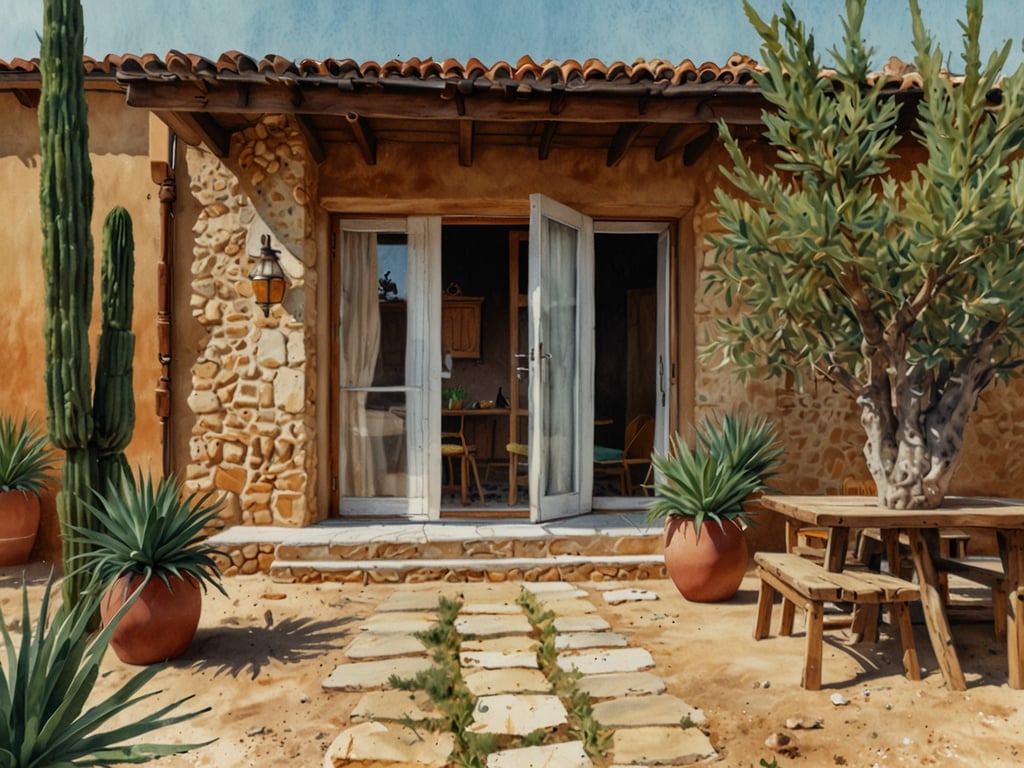 Das Bild zeigt eine charmante Steinhütte, die von einer natürlichen Umgebung mit Pflanzen und einem kleinen Garten umgeben ist. Die offene Tür lädt ein, das Innere zu betreten, wo gemütliche Möbel auf eine einladende Atmosphäre hinweisen. Die Kombination aus natürlichen Materialien und einer harmonischen Gestaltung spiegelt den nachhaltigen Luxus wider, für den die Delphina Hotels in Sardinien bekannt sind. Die Verwendung von lokalen Elementen und umweltfreundlichen Praktiken ist ein zentrales Merkmal, das den Aufenthalt zu einem besonderen Erlebnis macht.