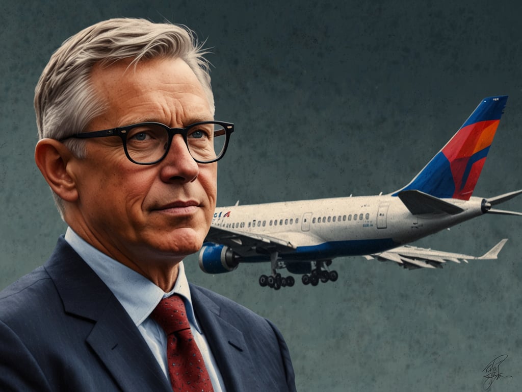 Auf dem Bild ist eine Darstellung von Ed Bastian, dem CEO von Delta, zu sehen. Im Hintergrund fliegt ein Delta-Flugzeug. Das Bild vermittelt ein Gefühl der Innovation und Zukunft, passend zur geplanten Präsentation über revolutionäre Reisen bei der CES 2025.