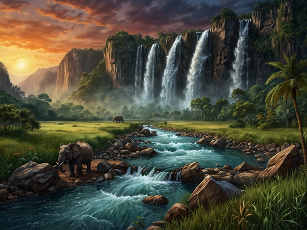 Auf dem Bild ist eine beeindruckende Landschaft mit vielfältiger Natur zu sehen. Im Vordergrund fließt ein klarer Fluss mit strömendem Wasser über Steine, während majestätische Elefanten in der Nähe stehen. Im Hintergrund erheben sich hohe Berge, an denen beeindruckende Wasserfälle herabstürzen. Der Himmel strahlt in warmen Farben des Sonnenuntergangs, was die Szenerie in ein magisches Licht taucht. Die üppige Vegetation und die lebendige Tierwelt tragen zur Schönheit dieser eindrucksvollen Landschaft bei.