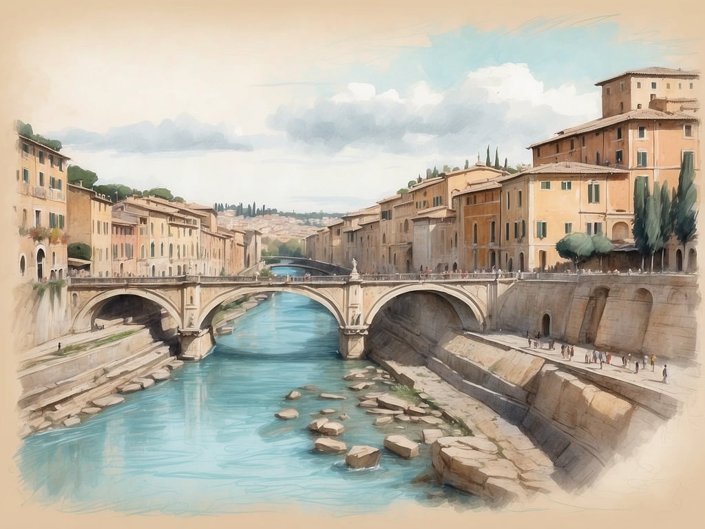 Auf dem Bild ist ein malerischer Fluss mit einer Brücke und umgebenden Gebäuden zu sehen. Der Fluss könnte eine Symbolik für die Bedeutung des Tiber in der Geschichte Roms haben. Der Tiber spielte eine zentrale Rolle in der Entwicklung der Stadt, da er eine wichtige Verkehrsader war, die Handel und Kommunikation förderte. Zudem war er strategisch günstig für den Zugang zu Ressourcen und für militärische Transporte. Die Brücken über den Tiber verbinden nicht nur Ufer, sondern auch verschiedene soziale und ökonomische Aspekte Roms, wodurch der Fluss als Lebensader der Stadt betrachtet werden kann.