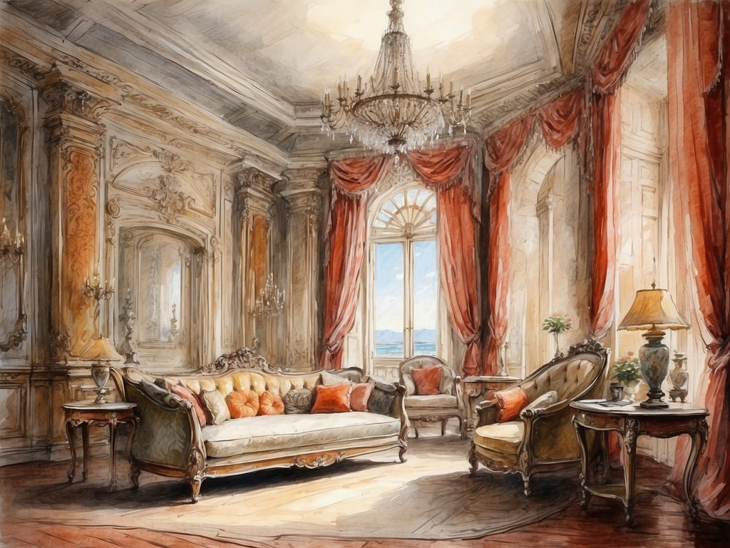 Auf dem Bild ist ein elegantes Zimmer mit opulentem Interieur zu sehen. Es enthält eine vintage Couch mit Kissen, einen Kronleuchter, dekorative Vorhänge und stilvolle Möbel. Die Kunstwerke im Inneren des Petersdoms sind ebenfalls von großer Pracht und umfassen Meisterwerke wie die 