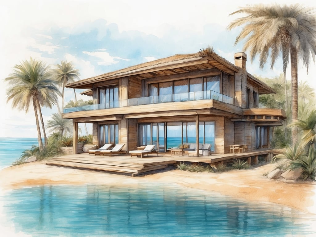 Auf dem Bild ist ein luxuriöses Strandhaus zu sehen, das wahrscheinlich zum Desert Islands Resort gehört. Es ist von Palmen umgeben und bietet einen direkten Blick auf das Meer. Das Design des Hauses wirkt modern und einladend, mit großen Fenstern, die viel Licht hereinlassen. Vor dem Haus befindet sich eine Terrasse mit Liegen, ideal für entspannte Tage am Strand. 

Das Desert Islands Resort ist bekannt für seine malerische Lage, exzellenten Service und ein gemütliches Ambiente, das Gästen ein einzigartiges Erlebnis inmitten der Natur bietet.