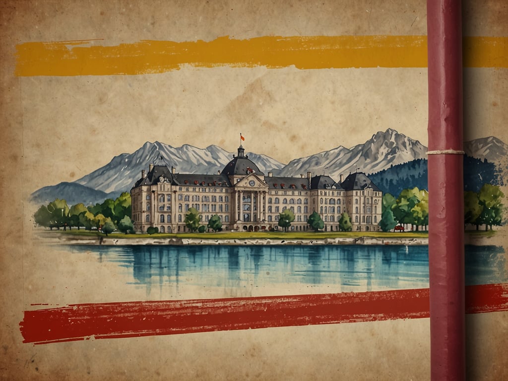 Auf dem Bild ist eine künstlerische Darstellung eines historischen Gebäudes zu sehen, das an einem Gewässer liegt, mit Bergen im Hintergrund. Die Illustration vermittelt eine nostalgische Atmosphäre und könnte ein relevantes Projekt für den Deutschen Tourismuspreis 2024 darstellen, da es innovative Aspekte des Tourismus und der Architektur kombiniert. Solche Darstellungen könnten zum Beispiel auf die Bedeutung von denkmalgeschützten Gebäuden und touristischen Attraktionen hinweisen, die Vielfalt und Kultur einer Region repräsentieren.