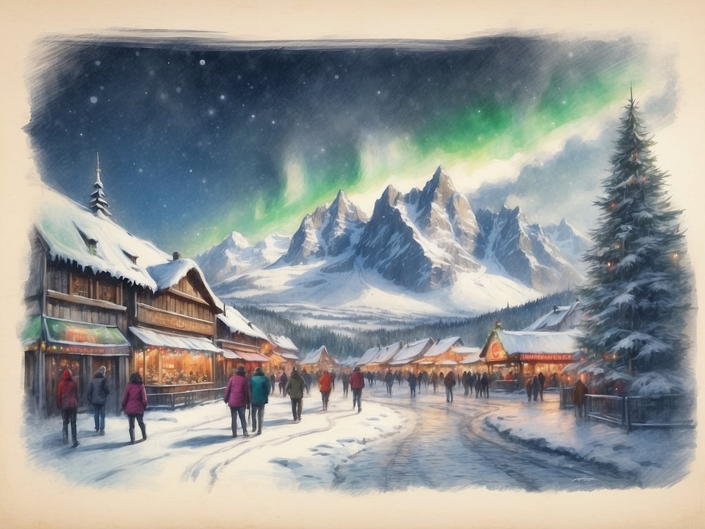Auf dem Bild sieht man eine winterliche Szene mit schneebedeckten Hütten, die festlich beleuchtet sind. Die Umgebung ist von Bergen umgeben, und der Himmel zeigt faszinierende Polarlichter. Diese magische Atmosphäre erinnert an Destinationen für Winterkreuzfahrten im Dezember, wie zum Beispiel:

1. **Norwegen** – Besonders die Fjorde, wo man die spektakulären Lichter sehen kann.
2. **Lappland** – Ein Ort, um die Weihnachtsstimmung hautnah zu erleben und Rentiere zu sehen.
3. **Island** – Ideal für Aurora Borealis-Bewunderer und winterliche Abenteuer.
4. **Schweden** – Die gemütlichen Weihnachtsmärkte in Städten wie Stockholm oder Malmö.
5. **Finnland** – Besuche das Heimatland des Weihnachtsmanns in Rovaniemi.

Diese Orte bieten eine zauberhafte Kulisse für Kreuzfahrten in den Wintermonaten!