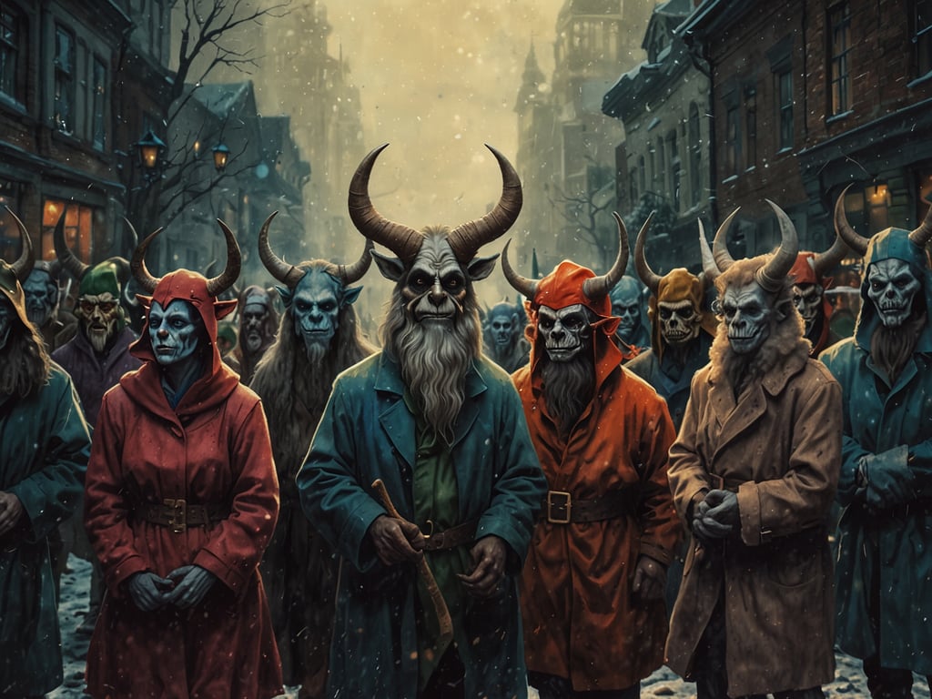 Auf dem Bild sind viele Figuren zu sehen, die eindrucksvoll verkleidet sind und eine Atmosphäre von mystischer Adventszeit ausstrahlen. Sie tragen bunte Umhänge und haben teils maskenhafte Gesichter, die an traditionelle figürliche Darstellungen aus Folklore und Brauchtum erinnern. Diese 