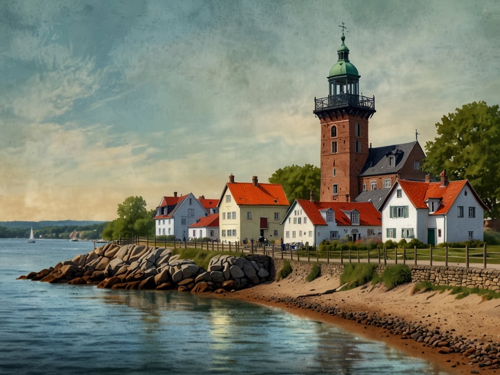 Auf dem Bild ist eine malerische Küstenlandschaft mit einem alten Leuchtturm und einer Reihe von charmanten, weißen Häusern mit roten Dächern zu sehen. Diese Art von Szenerie ist typisch für Schleswig-Holstein, wo man oft umgebende Natur, Wasser und historische Gebäude findet. 

Unvergessliche Erlebnisse in Schleswig-Holstein könnten beispielsweise das Entdecken der schönen Küstenregionen, das Segeln auf den Fjorden oder das Erkunden der vielen kleinen Häfen und Dörfer sein. Diese Landschaft zieht Touristen an, die die maritime Atmosphäre und die idyllische Ruhe genießen möchten.