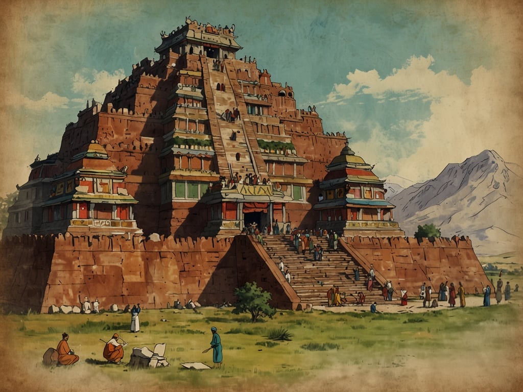 Auf dem Bild ist eine imposante Tempelanlage zu sehen, die an eine alte Zivilisation erinnert. Die Architektur weist große Stufen und mehrere Ebenen auf, die von kunstvollen Gebäuden umgeben sind. Es scheint eine lebhafte Atmosphäre zu herrschen, da viele Menschen das Gelände besuchen. 

Besondere Attraktionen könnten die architektonischen Details des Tempels und die Bedeutung dieses Ortes in der Kultur der Region sein. Events wie traditionelle Feste oder religiöse Zeremonien könnten dort stattfinden, was den Besuch zu einem unvergesslichen Erlebnis machen würde.