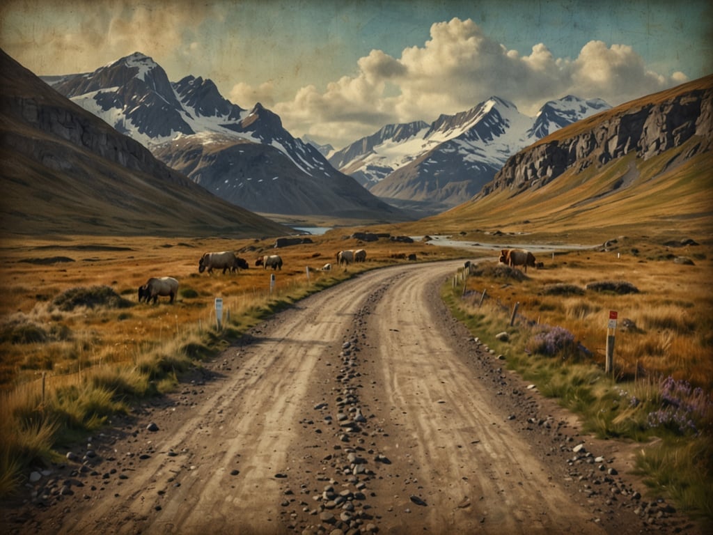 Auf dem Bild ist eine malerische Landschaft mit einer unbefestigten Straße zu sehen, die sich durch weite grünen Wiesen schlängelt. Im Hintergrund erheben sich majestätische Berge, die teilweise mit Schnee bedeckt sind. In der Wiese grasen einige Kühe. Diese Szenerie könnte eine der herrlichen Etappen des historischen Jakobsweges des Nordens darstellen, der durch atemberaubende und unberührte Naturlandschaften führt, ideal für Pilger und Wanderer, die die Ruhe und Schönheit der Natur genießen möchten.