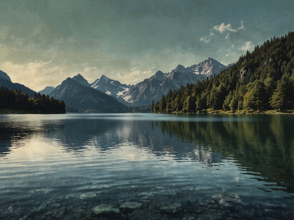 Auf dem Bild ist eine malerische Landschaft mit einem klaren See zu sehen, der von majestätischen Bergen und dichten Wäldern umgeben ist. Der Lautersee und Ferchensee stellen versteckte Schmuckstücke in dieser Region dar, ideal für Naturliebhaber. Das Wasser spiegelt die umliegenden Berge und Bäume wider, was eine ruhige und friedliche Atmosphäre schafft. Diese Seen sind perfekt für Erholungssuchende und bieten atemberaubende Ausblicke auf die alpine Schönheit.