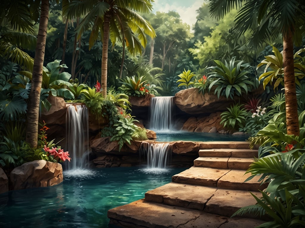 Auf dem Bild ist eine tropische Landschaft mit Wasserfällen und üppiger Vegetation zu sehen. Die Szene erinnert an tropische Erlebnisse, wie man sie in verschiedenen botanischen Gärten oder Tropenhäusern im Osten Deutschlands erleben kann. Diese Orte bieten oft eine Oase der Entspannung mit exotischen Pflanzen, Wasserläufen und einer Atmosphäre, die zum Verweilen einlädt. Ein solches Ambiente ist besonders in Einrichtungen wie dem Botanischen Garten in Berlin oder dem Palmengarten in Frankfurt zu finden, wo Besucher die Vielfalt der tropischen Flora genießen können.