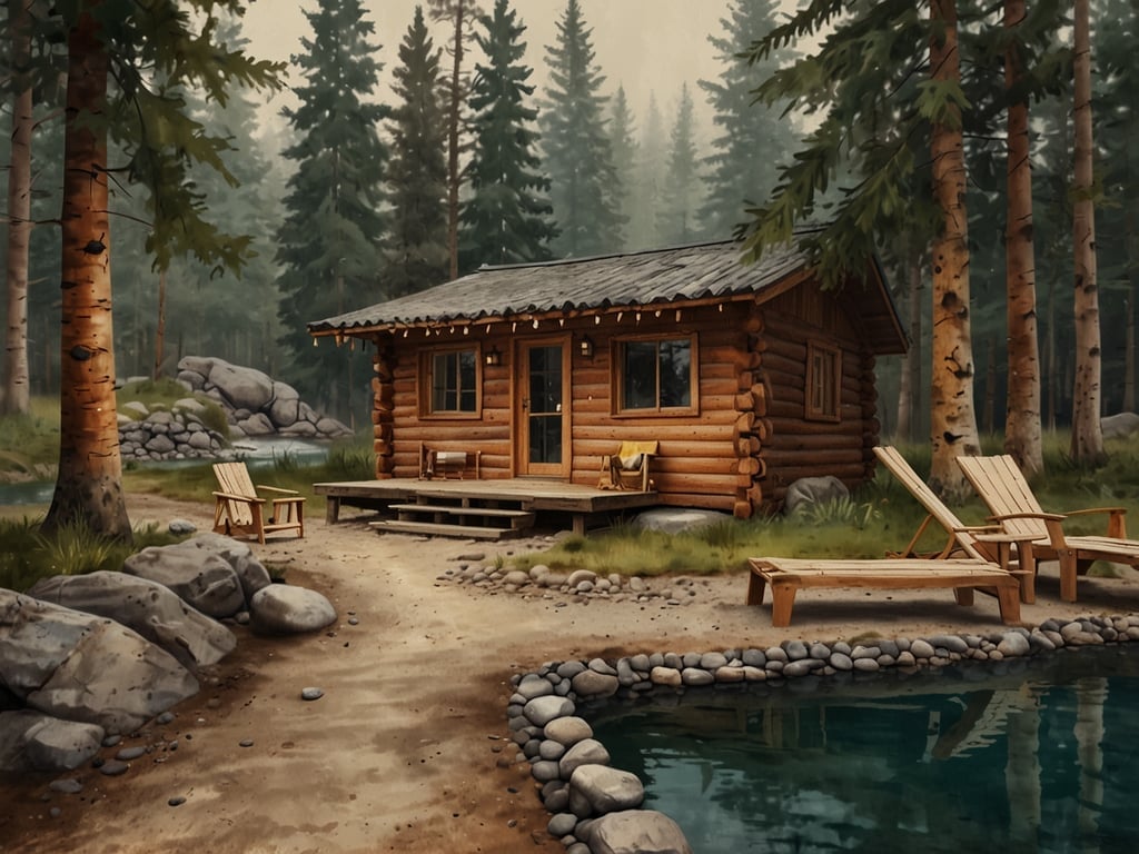 Auf dem Bild ist eine gemütliche Blockhütte inmitten einer idyllischen Waldlandschaft zu sehen. Die Hütte ist umgeben von hohen Bäumen und glatten Steinen, und in der Nähe gibt es einen kleinen Teich. Einige bequeme Liegestühle laden zum Entspannen ein. Diese Szenerie vermittelt das Gefühl von einzigartigen Sauna- und Spa-Erlebnissen im Norden, wo Natur und Ruhe harmonisch miteinander verbunden sind.