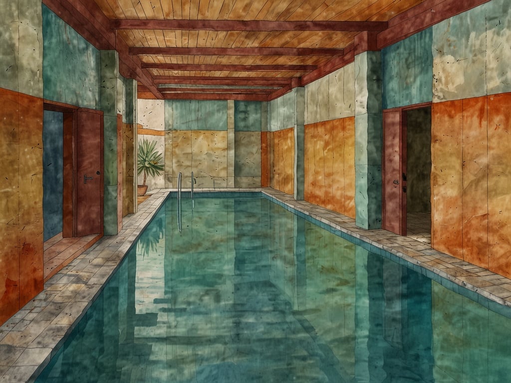 Auf dem Bild ist ein Innenraum mit einem klaren, ruhigen Schwimmbecken zu sehen, umgeben von farbigen Wänden und einem Holzdecke, die eine warme, einladende Atmosphäre schaffen. Solche Badeerlebnisse erinnern an die traditionellen Bäder im Süden, wie die römischen Thermen oder die türkischen Hamams. 

In der Antike waren diese Badehäuser Orte der Entspannung, des sozialen Austauschs und der Körperpflege. Die sanierende Wirkung des Wassers und die angenehme Hitze trugen oft zur physischen und geistigen Gesundheit bei. Auch in der heutigen Zeit spielen Wellness-Oasen in many Kulturen des Südens eine bedeutende Rolle, indem sie die Tradition der Gemeinschaft und des Wohlbefindens fortführen. 

Der Ort auf dem Bild könnte als moderne Interpretation solcher historischen Badeerlebnisse gedeutet werden, wo Menschen zusammenkommen, um sich zu entspannen und die wohltuende Wirkung des Wassers zu genießen.