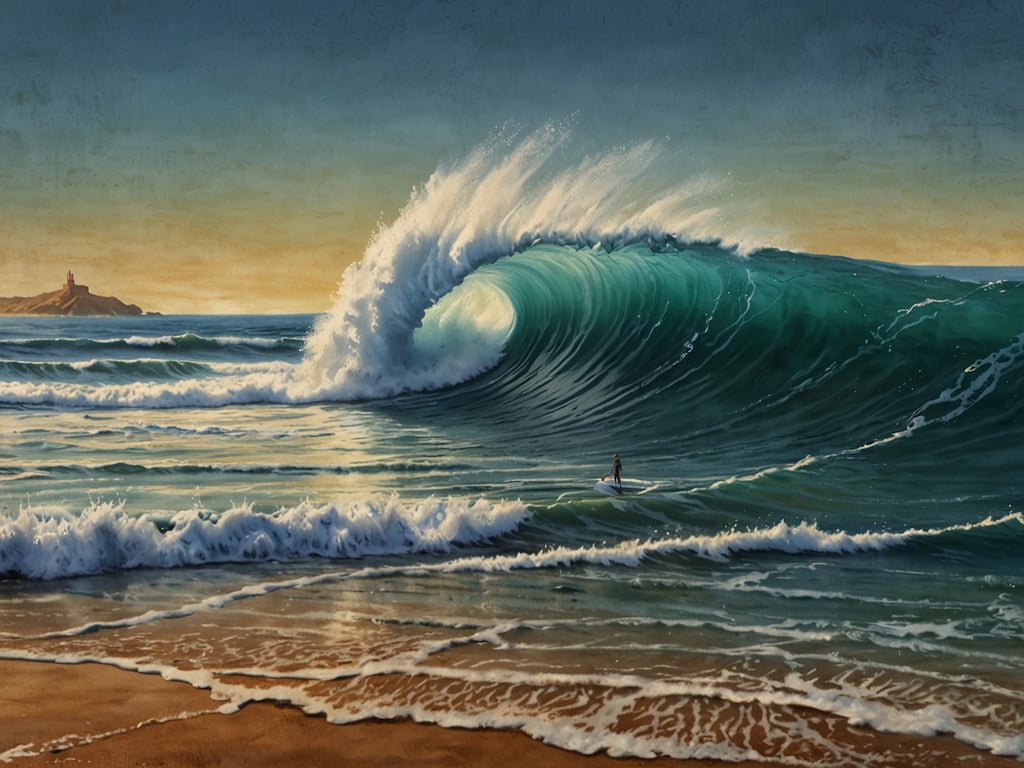 Auf dem Bild ist eine beeindruckende Welle zu sehen, die sich majestätisch aufbaut. Ein Surfer steht auf seinem Board und bereitet sich darauf vor, die Welle zu reiten. Im Hintergrund ist eine Küstenlandschaft mit einem Leuchtturm oder einer ähnlichen Struktur sichtbar. Diese Szenerie könnte gut nach Portugal passen, insbesondere in Gebieten wie 