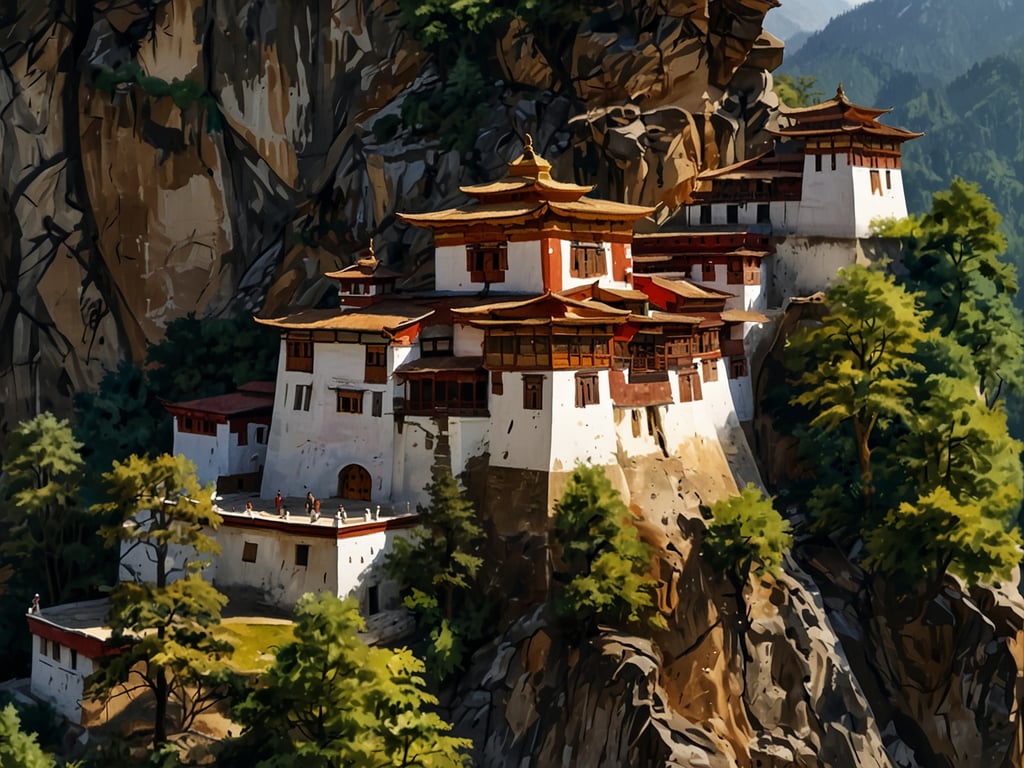 Auf dem Bild ist ein beeindruckendes Kloster zu sehen, das hoch oben an einem Felsen angebaut ist. Diese Art von Architektur ist typisch für die Region Bhutan, speziell das berühmte Tiger's Nest Kloster (Paro Taktsang). 

Besucher haben die Möglichkeit, den malerischen Weg zu diesem Kloster zu wandern, der durch üppige Wälder und entlang steiler Klippen führt. Das Kloster bietet nicht nur atemberaubende Ausblicke auf die umliegenden Berge, sondern ist auch ein wichtiger Ort für spirituelle Praktiken und meditatives Rückzug. Es ist ein beliebtes Ziel für Wanderer und Kulturinteressierte, die die beeindruckende buddhistische Architektur und die friedliche Umgebung erleben möchten.