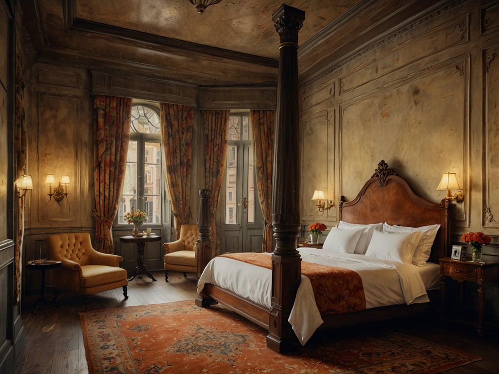Auf dem Bild ist ein elegantes Zimmer zu sehen, das mit einem großen Bett, gemütlichen Sesseln und einem schönen Teppich ausgestattet ist. Die Wände scheinen einen historischen Charme zu haben, was auf eine luxuriöse Atmosphäre hinweist.

In Brügge gibt es viele Übernachtungsmöglichkeiten, die einen ähnlichen Stil bieten könnten. Zum Beispiel:

1. **Hotel Dukes' Palace Bruges** – Ein ehemaliger Herzogspalast mit opulenten Zimmern und wunderschönem Garten.
2. **Hotel de Orangerie** – Ein charmantes Boutique-Hotel am Kanal mit stilvollem Interieur.
3. **Grand Hotel du Sablon** – Bekannt für seine luxuriösen Zimmer und die zentrale Lage.

Diese Hotels bieten eine gemütliche, stilvolle Atmosphäre und sind ideal für einen romantischen Aufenthalt in der malerischen Stadt Brügge.