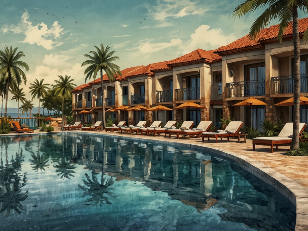 Das Bild zeigt eine luxuriöse Unterkunft mit einer schönen Poollandschaft und Sonnenliegen, umgeben von Palmen. In Darwin gibt es ähnliche Unterkünfte, wie das **Mindil Beach Casino Resort**, das direkten Zugang zum Strand bietet und über einen Pool verfügt. Eine weitere Option wäre das **Skycity Darwin**, das ebenfalls stilvolle Zimmer und entspannende Poolbereiche hat. Diese Orte sind ideal für eine entspannende Auszeit in tropischer Umgebung.