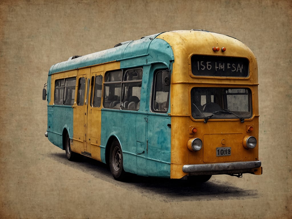 Auf dem Bild ist ein älterer, farbenfroher Bus zu sehen, der in türkis und gelb lackiert ist. 

**Nützliche Hinweise für eine angenehme Reise:**

1. **Fahrplan überprüfen:** Prüfen Sie die Abfahrtszeiten im Voraus, um Wartezeiten zu minimieren.
2. **Bequeme Kleidung:** Tragen Sie bequeme Kleidung und Schuhe, um lange Fahrten angenehmer zu gestalten.
3. **Essen & Trinken:** Nehmen Sie Snacks und Wasser mit, um sich während der Reise zu stärken.
4. **Unterhaltung:** Laden Sie Musik, Podcasts oder Bücher auf Ihr Gerät, um die Reisezeit zu verkürzen.
5. **Sicherheitsvorkehrungen:** Achten Sie auf Ihre Wertsachen und halten Sie diese nah bei sich.
6. **Freundlichkeit:** Seien Sie höflich und respektvoll gegenüber anderen Fahrgästen und dem Fahrpersonal. 

Gute Reise!