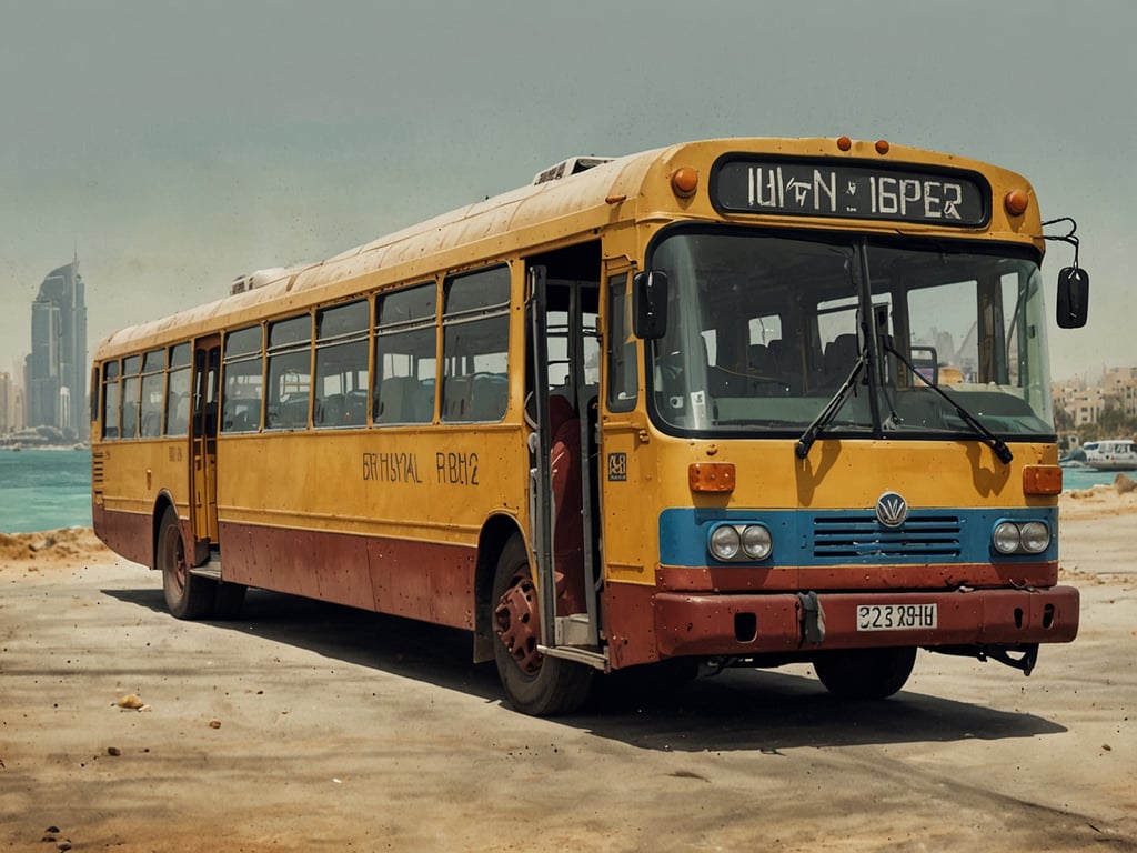 Auf dem Bild ist ein gelber und roter Bus zu sehen, der wahrscheinlich für den öffentlichen Transport eingesetzt wurde. Der Bus steht an einem Ort, der an eine Küstenlinie erinnert, während moderne Gebäude im Hintergrund zu sehen sind. Diese Szenerie deutet darauf hin, dass der Bus für die Fortbewegung der Menschen in einer Stadt oder Region gedacht ist. Der Bus könnte sowohl für den Nahverkehr als auch für längere Strecken genutzt werden.