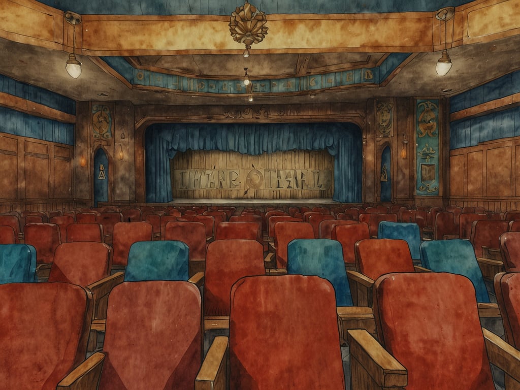 Auf dem Bild ist ein Theaterinnenraum zu sehen. Die rot und blau gepolsterten Stühle sind in Reihen angeordnet und bieten Platz für das Publikum. Im Hintergrund ist die Bühne mit einem blauen Vorhang und dem Schriftzug 