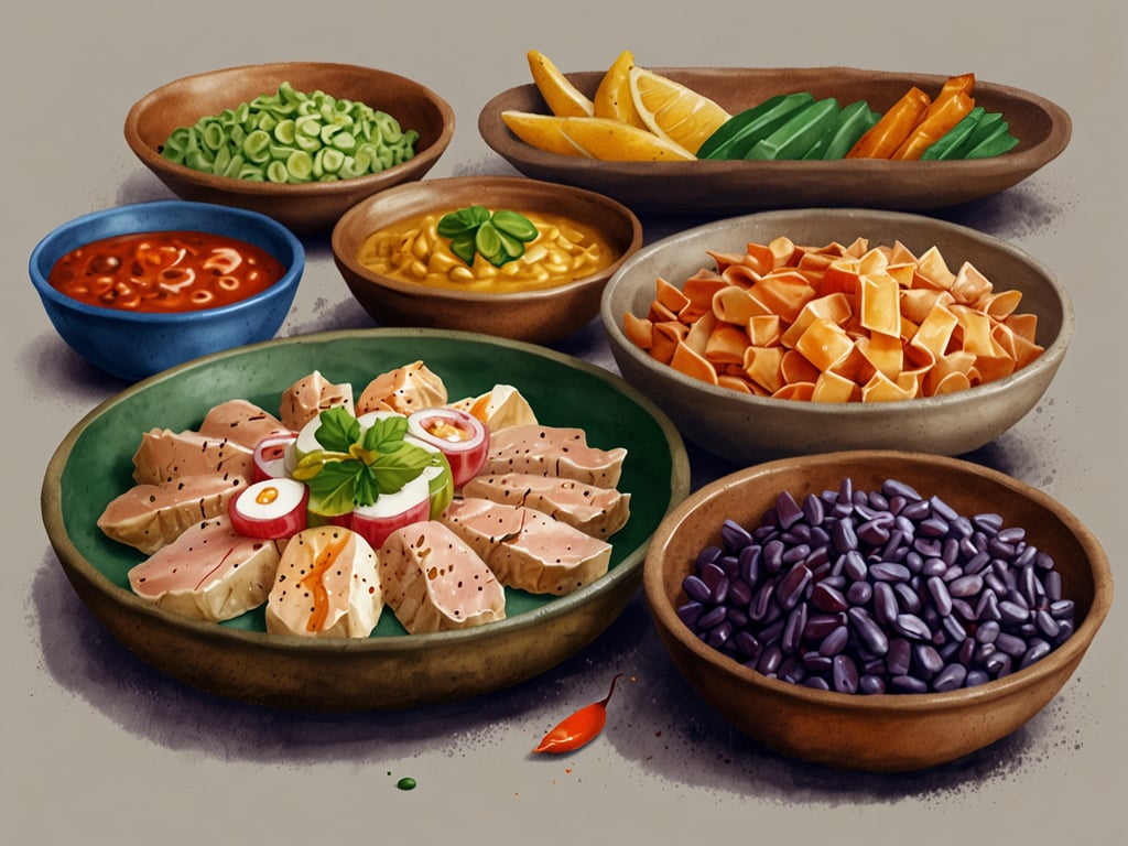 Auf dem Bild sind verschiedene kulinarische Elemente zu sehen, die typisch für die peruanische Küche sein könnten. In der Mitte sieht man eine ansprechend angerichtete Platte mit zartem Fleisch, vermutlich Huhn oder Fisch, garniert mit frischen Kräutern und Gemüse. 

Um diese zentrale Platte sind mehrere Schalen mit Beilagen und Saucen gruppiert. Dazu gehören:

- **Grüne Bohnen oder Erbsen**: Diese bieten eine frische Note und sind oft Bestandteil traditioneller Gerichte.
- **Saucen**: Eine scharfe Sauce könnte echtem „Ají“ entsprechen, während eine andere eine cremige Erdnusssauce repräsentieren könnte, die häufig in peruanischen Speisen verwendet wird.
- **Oberflächen mit Gemüse**: Zitrusfrüchte wie Limetten oder Zitronen sowie bunte Paprikastücke, die zum Garnieren und für zusätzlichen Geschmack dienen.
- **Bohnen**: Die schwarzen oder lila Bohnen sind typisch für viele andine Gerichte und tragen zur Nährstoffvielfalt bei.
- **Pasta oder Teigwaren**: Diese könnten auf eine Fusion von peruanischen und italienischen Einflüssen hinweisen, wie sie in vielen modernen peruanischen Restaurants zu finden sind.

Dieses Arrangement spiegelt die Vielfalt und den Reichtum der peruanischen Gastronomie wider, die verschiedene kulturelle Einflüsse integriert und sich durch frische Zutaten auszeichnet.