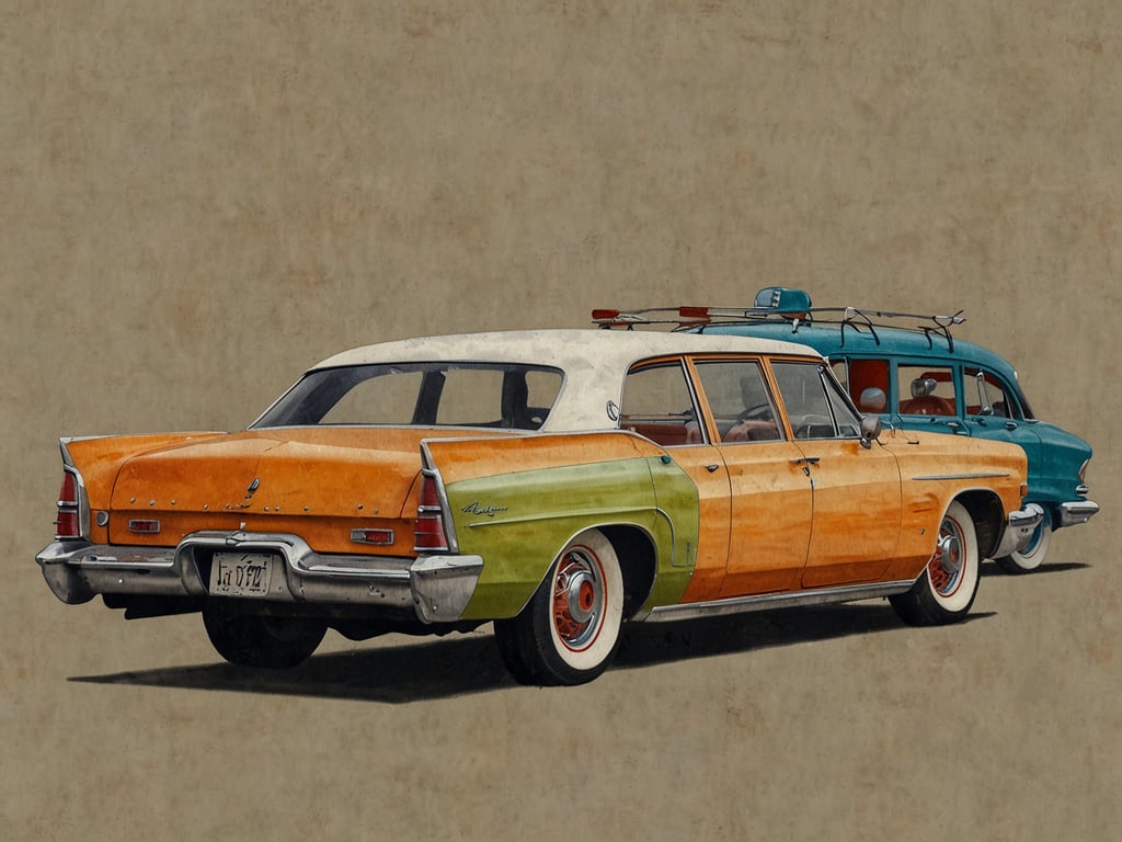 Auf dem Bild sind zwei Oldtimer-Fahrzeuge zu sehen, die nostalgische Erinnerungen an vergangene Zeiten wecken. Das linke, auffällig farblich gestaltete Auto scheint ein Dodge oder eine ähnliche Limousine aus den 1960er Jahren zu sein, während das rechte Fahrzeug ein Kombiwagen ist, der ebenfalls aus der gleichen Zeit stammt. 

Oldtimer sind in vielen Kulturen ein Symbol für vergangene Erlebnisse und werden oft auf Autoausstellungen oder in speziellen Clubs präsentiert. In den USA beispielsweise gibt es eine reiche Tradition des Automobils, die eng mit der Kultur des Straßenreisens und dem 