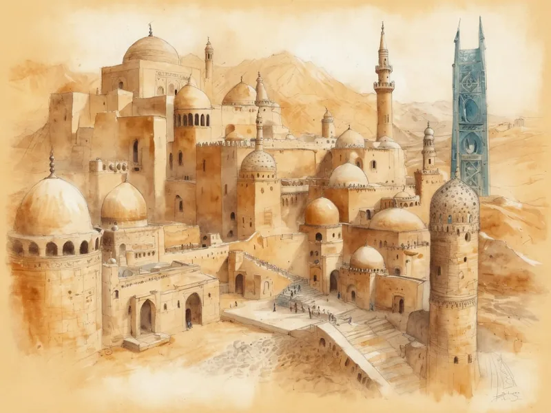Illustration: Belebte Altstadt-Gasse mit traditionellen Lehmziegelbauten, Marktständen und Menschen in farbenfroher Kleidung unter Sonnenschutzplanen.