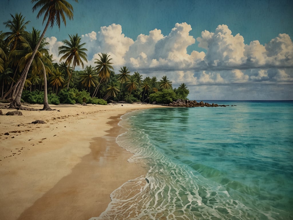 Auf dem Bild ist eine idyllische Strandlandschaft zu sehen. Der weiße Sandstrand erstreckt sich entlang des Wassers, das in verschiedenen Blautönen schimmert. Palmen ragen am Rand des Strandes empor, während im Hintergrund dichte grüne Vegetation zu erkennen ist. Der Himmel ist mit großen, fluffigen Wolken geschmückt, die dem Bild eine friedliche und einladende Atmosphäre verleihen. Es erinnert an einen tropischen Urlaubsort, ideal zum Entspannen und Genießen der Natur.