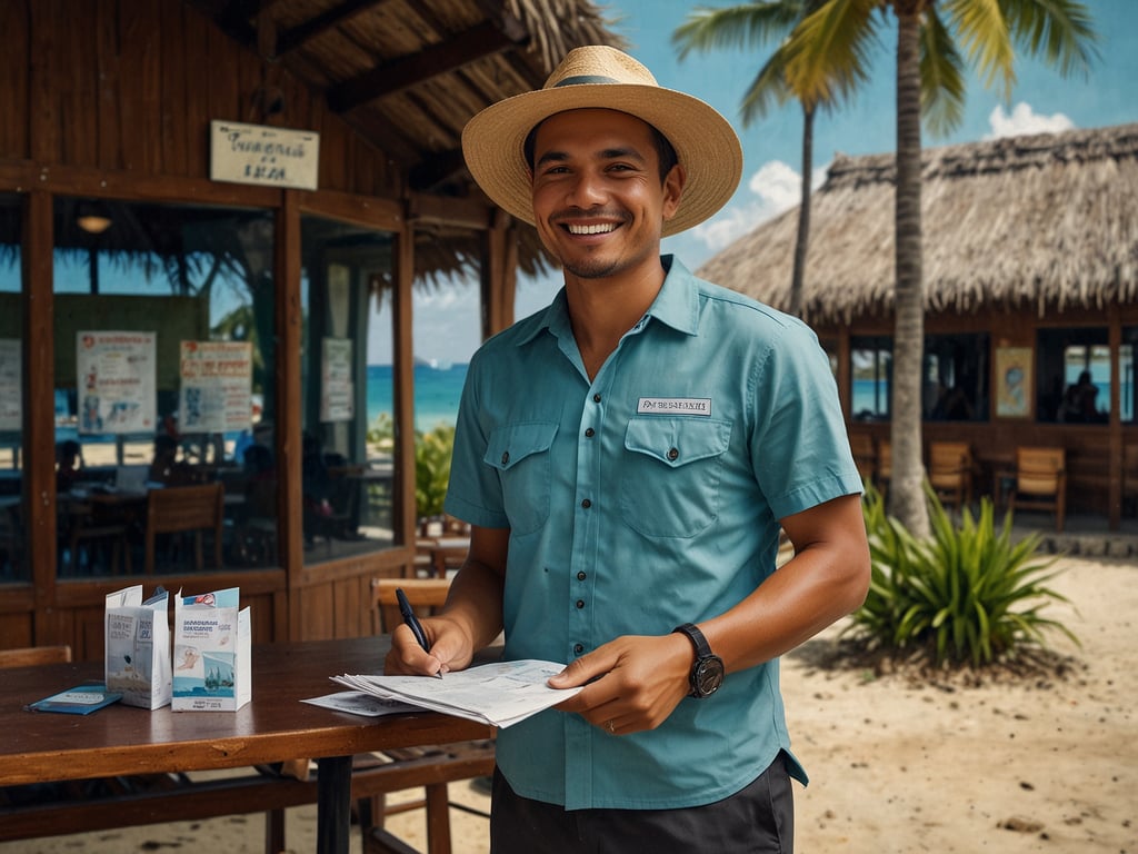 Auf dem Bild ist ein lächelnder Mann zu sehen, der draußen an einem Tisch steht und etwas auf einem Formular schreibt. Er trägt ein Sommerhemd und einen Hut. Im Hintergrund sind eine Strandlandschaft und ein Restaurant zu erkennen. 

In Bezug auf Einreise und Visum könnte dieser Mann zum Beispiel ein Mitarbeiter eines Resorts oder einer Unterkunft sein, der Urlauber bei der Ankunft hilft. Bei der Einreise in ein anderes Land ist es wichtig, die richtigen Visa zu haben, um sicherzustellen, dass alles reibungslos verläuft.
