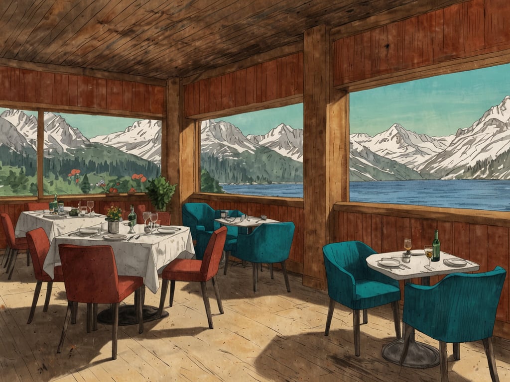 Auf dem Bild ist ein gemütliches Restaurant zu sehen, das von Holzvertäfelungen umgeben ist. Durch große Fenster hat man einen atemberaubenden Blick auf schneebedeckte Berge und einen See. Die Tische sind elegant gedeckt, und gemütliche Stühle laden zum Verweilen ein.

In Zürich gibt es viele Einrichtungen, die ähnliche kulinarische Erlebnisse bieten. Zum Beispiel das Restaurant 