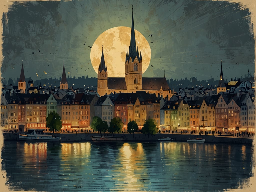 Auf dem Bild sieht man eine malerische Ansicht von Zürich bei Nacht, die von einer großen, hellen Mondscheibe überstrahlt wird. Die Silhouette der Stadt wird durch die charakteristischen Türme der Kirchen hervorgehoben, während die bunten Fassaden entlang des Wassers im sanften Licht schimmern. Die Uferpromenade scheint lebhaft, mit Menschen, die die nächtliche Atmosphäre genießen. Boote spiegeln sich im ruhigen Wasser, was ein Gefühl von Ruhe und gleichzeitigem pulsierenden Nachtleben vermittelt. Dieses Bild verkörpert das Unterhaltungsangebot Zürichs, wo sich Kultur, Gastronomie und Geselligkeit wunderbar verbinden.