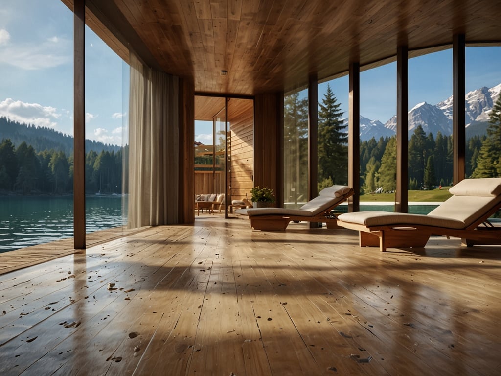 Auf dem Bild ist ein schöner, lichtdurchfluteter Wellnessbereich zu sehen, der an einem ruhigen Gewässer liegt. Zahlreiche Fenster bieten einen atemberaubenden Blick auf die umliegende Natur und die Berge, was für eine entspannende Atmosphäre sorgt.

Einige der besten Wellness-Hotels in Deutschland, die ähnliche entspannende Umgebungen bieten, sind:

1. **Bayerischer Wald**: Das 