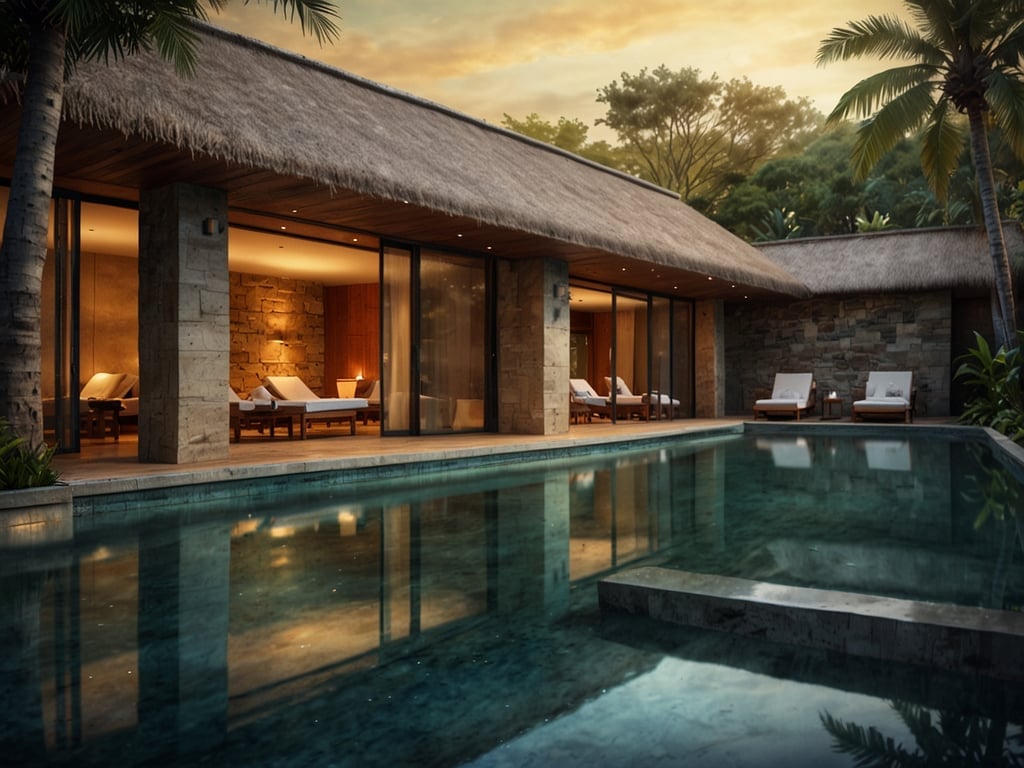 Auf dem Bild ist eine elegante Wellnessoase zu sehen, die ideal für Entspannung und Erholung ist. Es gibt einen Pool, umgeben von luxuriösen Liegen und einer stilvollen Architektur. Solche Wellnesshotels findet man auch in Deutschland, zum Beispiel im 