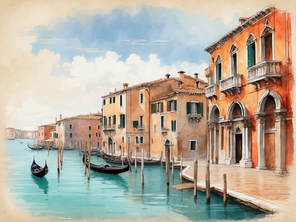 Auf dem Bild sind malerische Gebäude am Wasser zu sehen, die typisch für Venedig sind. In der Ansichtsweise, die wir hier betrachten, könnte es an die legendäre Gründung Venedigs erinnern. Die ikonischen Gondeln schaukeln sanft im Wasser, während die Architektur der Häuser mit ihren bunten Fassaden und charakteristischen Fensterläden ein Gefühl von historischer Eleganz vermittelt. Es strahlt die romantische Atmosphäre aus, die Venedig so besonders macht.