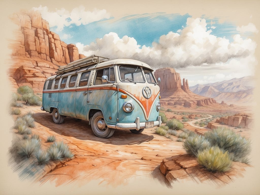 Auf dem Bild ist ein VW-Bus in einer malerischen, landschaftlichen Umgebung zu sehen, umgeben von roten Felsen und Bergen. 

Wenn du Rom besuchst, hier ein paar Geheimtipps:

1. **Grotte di Tolfa**: Ein wenig außerhalb der Stadt, diese geheimen Höhlen sind perfekt für ein Abenteuer und weniger überlaufen.

2. **Trastevere zur Abendzeit**: Erlebe das authentische römische Leben in den kleinen Gassen, die abends besonders lebhaft sind.

3. **Kein Touristenort**: Versuche, die „Giardino degli Aranci“ zu besuchen. Der Blick über Rom ist atemberaubend und der Park ist oft weniger bevölkert.

4. **Essen wie die Einheimischen**: Gehe zu kleinen Trattorien, wo die Einheimischen essen, und probiere traditionelle Gerichte abseits der typischen Touristenpfade.

5. **Lokale Märkte**: Besuche den Markt von Campo de' Fiori, um frisches Obst, Gemüse und lokale Spezialitäten zu entdecken. 

Viel Spaß in Rom!