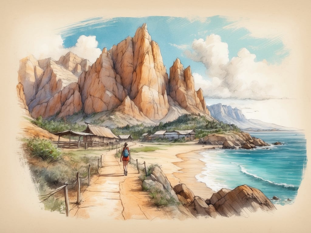 Auf dem Bild ist eine malerische Küstenlandschaft zu sehen. Im Vordergrund geht eine Person auf einem Wanderweg am Strand entlang, was auf eine mögliche Wanderung oder Erkundungstour hinweist. Die beeindruckenden, steilen Felsen im Hintergrund bieten eine spektakuläre Kulisse und könnten ein beliebtes Ziel für Kletterer und Naturfreunde sein. 

Entlang des Weges könnte man auch schöne Fotomotive finden oder einfach die Aussicht genießen. Zudem scheint es in der Nähe einige kleine Hütten zu geben, die möglicherweise als Unterkünfte oder Rastplätze dienen. Diese Umgebung lädt ein zu Aktivitäten wie Schwimmen, Entspannen am Strand oder Bootsfahrten entlang der Küste.