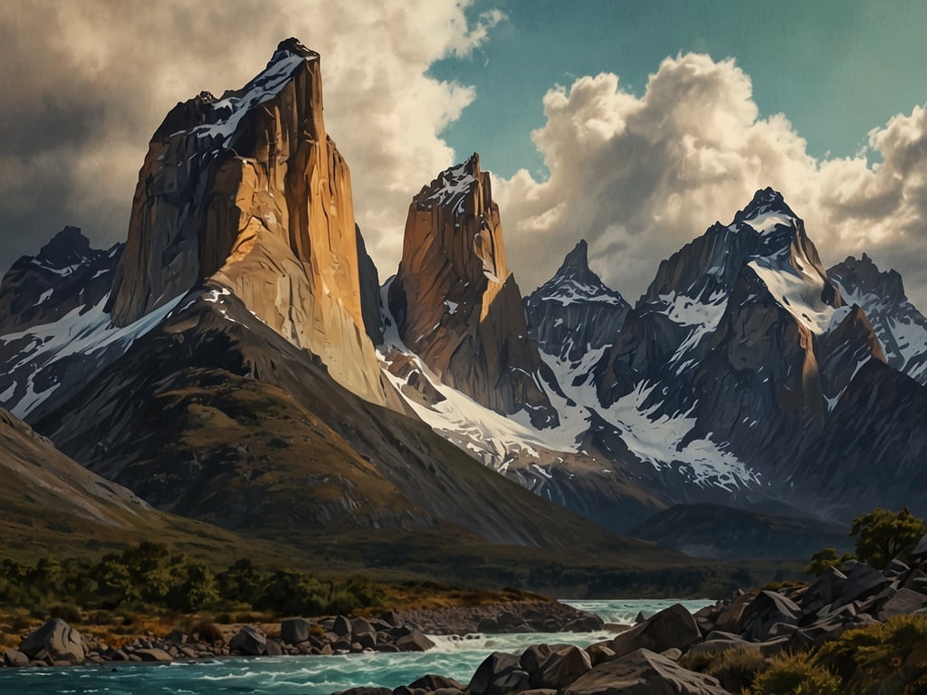 Auf dem Bild sind majestätische Berggipfel zu sehen, die an die spektakulären Torres del Paine im gleichnamigen Nationalpark in Chile erinnern. Der Park ist bekannt für seine beeindruckenden Granitformationen, glitzernden Seen und die vielfältige Tierwelt. Die dramatische Landschaft mit schroffen Bergen und klaren Gewässern zieht viele Wanderer und Naturliebhaber an. Solche Szenen sind charakteristisch für die atemberaubenden Naturschönheiten Südamerikas.