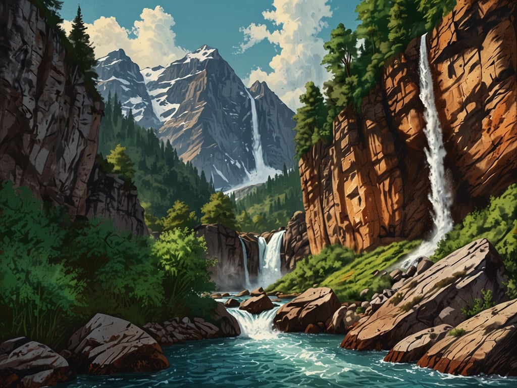 Auf dem Bild sieht man eine beeindruckende Landschaft im Kaukasus mit majestätischen Bergen, blühendem Grün und tosenden Wasserfällen. Diese Umgebung lädt zu zahlreichen Abenteuer- und Outdoor-Aktivitäten ein, wie zum Beispiel:

1. **Wandern**: Die malerischen Wanderwege bieten atemberaubende Ausblicke und die Möglichkeit, die Natur hautnah zu erleben.
2. **Klettern**: Die steilen Felsen und Berge sind ideal für Kletterbegeisterte, die eine Herausforderung suchen.
3. **Camping**: Die Ruhe der Natur und die frische Luft machen diese Region zum perfekten Ort für ein unvergessliches Camping-Erlebnis.
4. **Rafting**: Die reißenden Flüsse sind hervorragend für aufregende Rafting-Touren geeignet.
5. **Fotografie**: Die atemberaubenden Landschaften und Wasserfälle bieten ideale Bedingungen für Landschaftsfotografie.

Die Kombination aus Berge, Wasser und grüner Vegetation macht die Region zu einem Paradies für Outdoor-Enthusiasten.