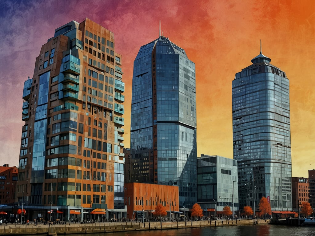Auf dem Bild sind moderne Hochhäuser zu sehen, die typisch für eine dynamische Stadt wie Rotterdam sind. Die Gebäude zeichnen sich durch ihre auffällige Architektur mit Glasfassaden und einzigartigen Formen aus. Im Vordergrund erkennt man eine Uferpromenade mit Bäumen und möglicherweise Cafés, die zur einladenden Atmosphäre dieser urbanen Umgebung beitragen. Der farbenfrohe Himmel verstärkt den modernen und lebendigen Charakter der Stadt.