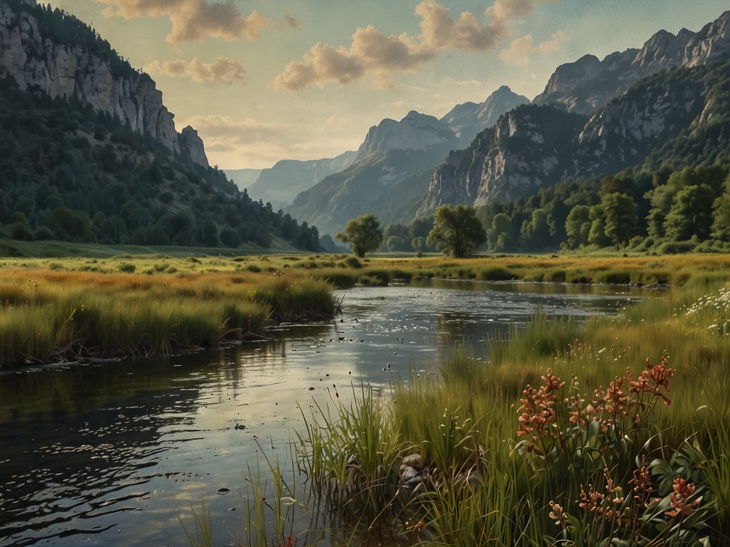 Das Bild zeigt eine malerische Landschaft mit sanften Hügeln und Bergen im Hintergrund, die von einem ruhigen Fluss durchzogen wird. Das Ufer ist gesäumt von üppigem Grün und vereinzelt blühenden Pflanzen. 

In Niederösterreich gibt es viele Naturparadiese, die ähnlich schön sind. Zum Beispiel das 