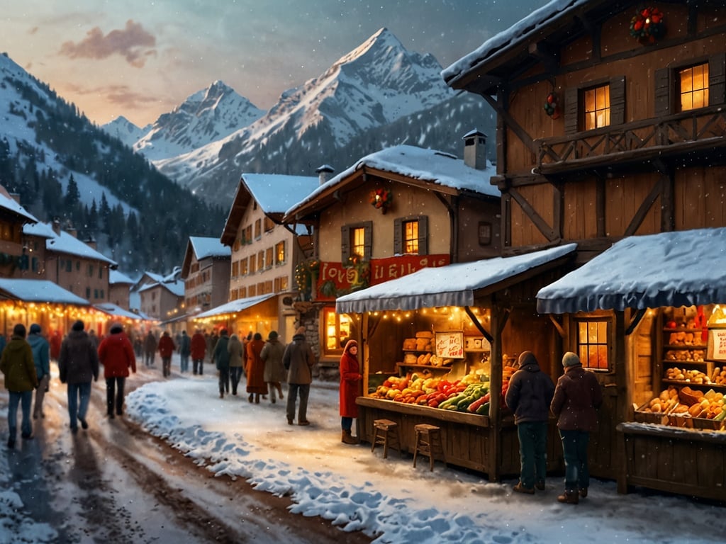 Auf dem Bild sind magische Weihnachtsmärkte in den Alpen zu sehen. Eine verschneite Straße ist von traditionellen Holzständen gesäumt, die mit festlichen Lichtern und Dekorationen geschmückt sind. Menschen schlendern vorbei und genießen die winterliche Atmosphäre, während die Berge im Hintergrund majestätisch aufragen. Die Stände bieten eine Vielzahl von Köstlichkeiten, darunter frisches Obst und Gebäck, die die festliche Stimmung unterstreichen. Die gesamte Szenerie strahlt eine warme und einladende Weihnachtsatmosphäre aus.