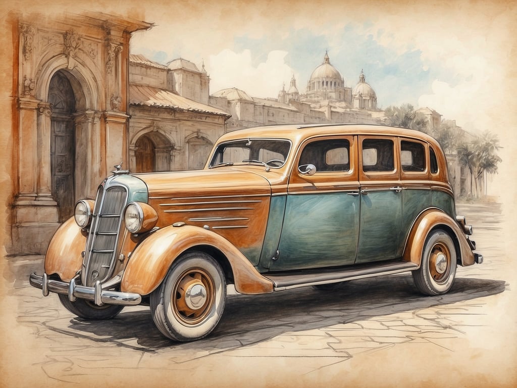 Auf dem Bild ist ein klassisches Auto aus der ersten Hälfte des 20. Jahrhunderts zu sehen, das in einem malerischen urbanen Umfeld dargestellt wird. Im Hintergrund sind architektonische Elemente zu erkennen, die an historische Städte erinnern, ähnlich wie Florenz, die Wiege der Renaissance. Die Kombination von vintage Fahrzeugen und einer historischen Szenerie könnte nostalgische Gefühle hervorrufen und an die zeitlose Schönheit und Kunstfertigkeit erinnern, die Florenz geprägt hat.