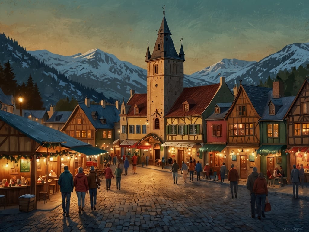 Auf dem Bild ist eine malerische Szene eines Weihnachtsmarktes zu sehen. Charmante, beleuchtete Buden stehen entlang einer gepflasterten Straße, umgeben von bunten, traditionell gestalteten Häusern. Menschen schlendern gemütlich durch die Gassen und genießen die festliche Atmosphäre. Hinter den Häusern erstrecken sich majestätische Berge, die eine winterliche Kulisse schaffen. Diese Art von Gemütlichkeit erinnert an die Weihnachtsmärkte entlang der Ostseeküste, wo ebenfalls festliche Stände und das Zusammensein mit Freunden und Familie im Mittelpunkt stehen.